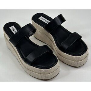 Steve Madden Merrcer Platform Slide Wedge Sandal Black Leather Womens 8M New